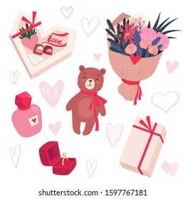 Set of gifts for Valentine's Day. Bouquet of flowers, sweets, perfume, toy, ring