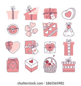 A set of gifts for Valentine's day and wedding. Registration of invitations and greeting cards. Vector.