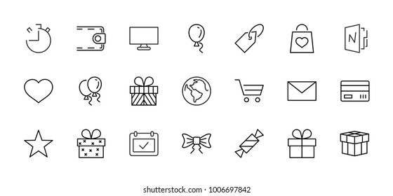 A set of gifts, vector line icons. Contains symbols gift cards, ribbons and more. Editable Stroke. 32x32 pixel.