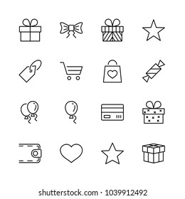 A set of gifts, vector line icons. Contains symbols gift cards, ribbons and more. Editable Stroke. 32x32 pixel.