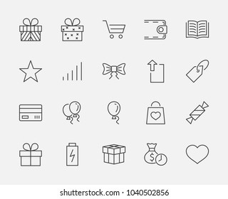 A set of gifts, vector line icons. Contains symbols gift cards, ribbons and more. Editable Stroke. 32x32 pixel.
