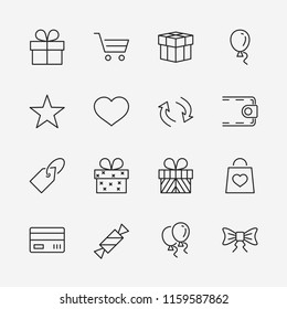 A set of gifts, vector line icons. Contains symbols gift cards, ribbons and more. Editable Stroke. 32x32 pixel.