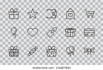 A set of gifts, vector line icons. Contains symbols gift cards, ribbons and more. Editable Stroke. 32x32 pixel.