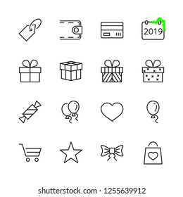 A set of gifts, vector line icons. Contains symbols gift cards, ribbons and more. Editable Stroke. 32x32 pixel.