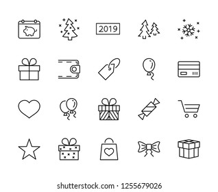 A set of gifts, vector line icons. Contains symbols gift cards, ribbons and more. Editable Stroke. 32x32 pixel.
