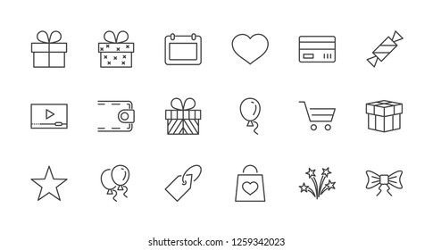Set of gifts, vector line icons. Contains symbols gift cards, ribbons and more. Editable Stroke. 32x32 pixel.