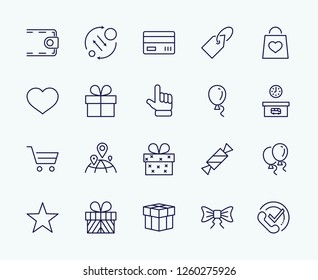 Set of gifts, vector line icons. Contains symbols gift cards, ribbons and more. Editable Stroke. 32x32 pixel.