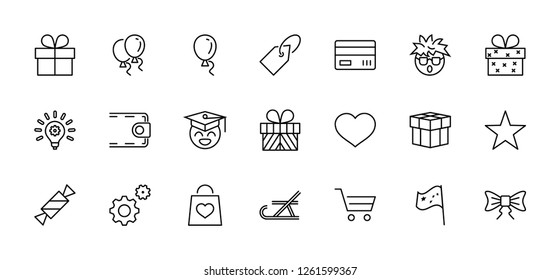 Set of gifts, vector line icons. Contains symbols gift cards, ribbons and more. Editable Stroke. 32x32 pixel.