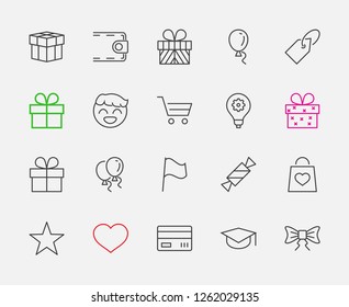 Set of gifts, vector line icons. Contains symbols gift cards, ribbons and more. Editable Stroke. 32x32 pixel.