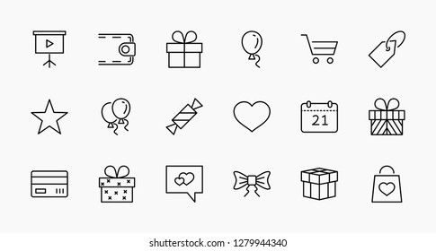Set of gifts, vector line icons. Contains symbols gift cards, ribbons and more. Editable Stroke. 32x32 pixel.