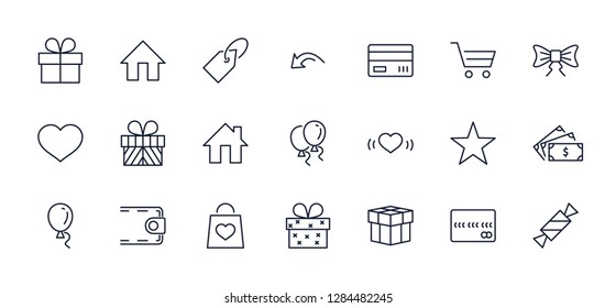 Set of gifts, vector line icons. Contains symbols gift cards, ri