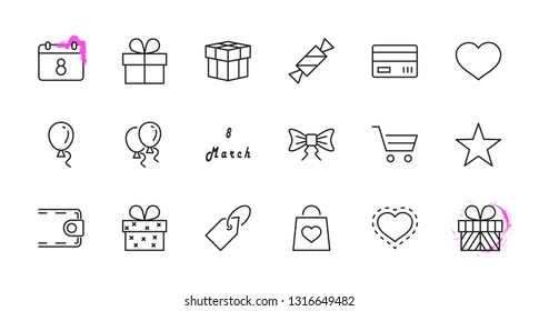 Set of gifts, vector line icons. Contains symbols gift cards, ribbons and more. Editable Stroke. 32x32 pixel.