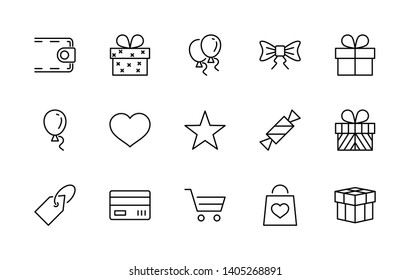 Set of gifts, vector line icons. Contains symbols gift cards, ribbons and more. Editable Stroke. 32x32 pixel.