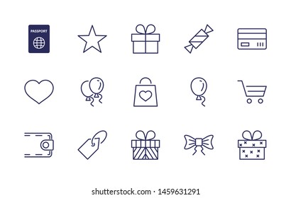 Set of gifts, vector line icons. Contains symbols gift cards, ribbons and more. Editable Stroke. 32x32 pixel.