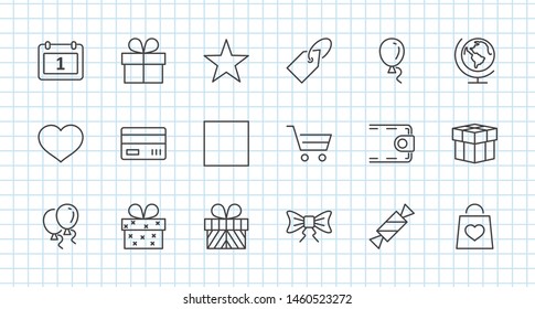 Set of gifts, vector line icons. Contains symbols gift cards, ribbons and more. Editable Stroke. 32x32 pixel.