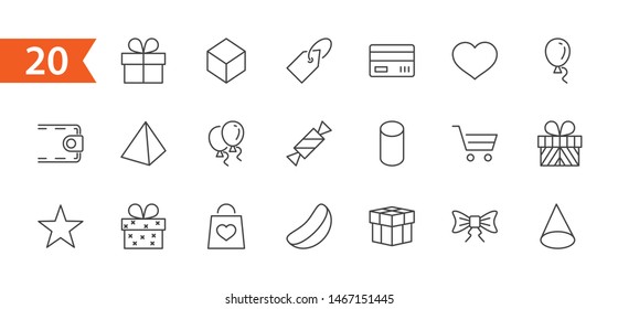 Set of gifts, vector line icons. Contains symbols gift cards, ribbons and more. Editable Stroke. 32x32 pixel.