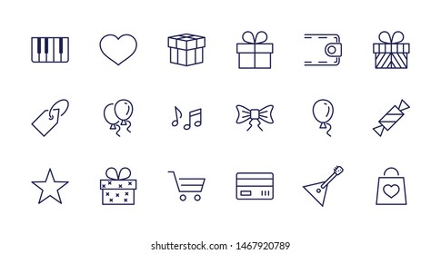 Set of gifts, vector line icons. Contains symbols gift cards, ribbons and more. Editable Stroke. 32x32 pixel.