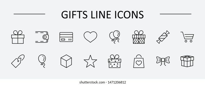 Set of gifts, vector line icons. Contains symbols gift cards, ribbons and more. Editable Stroke. 32x32 pixel.