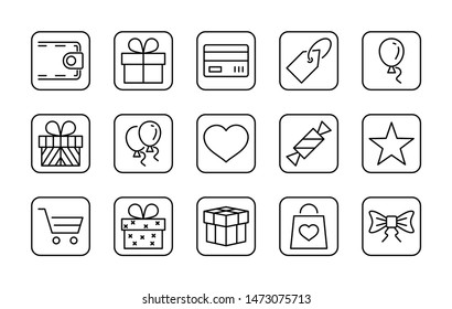 Set of gifts, vector line icons. Contains symbols gift cards, ribbons and more. Editable Stroke. 32x32 pixel.