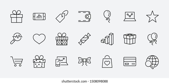 Set of gifts, vector line icons. Contains symbols gift cards, ribbons and more. Editable Stroke. 32x32 pixel.