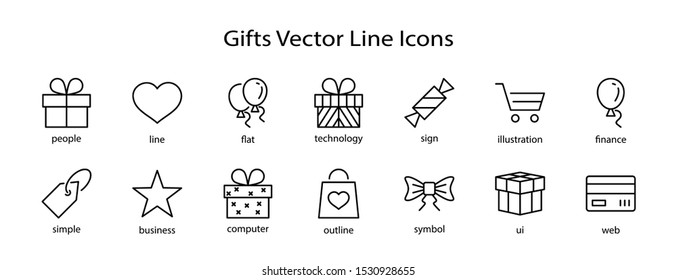 Set of Gifts Vector Line Icons. Contains Symbols Gift Cards, Ribbons and more. Editable Stroke. 32x32 pixel