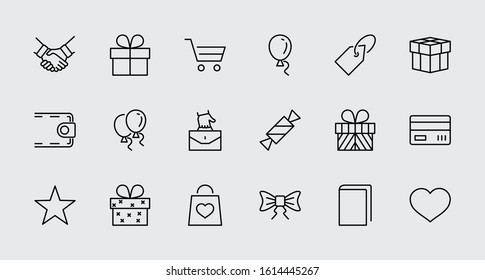 Set of Gifts Vector Line Icons. Contains Symbols Gift Cards, Ribbons and more. Editable Stroke. 32x32 pixel