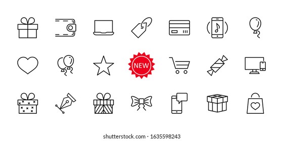 Set of Gifts Vector Line Icons. Contains Symbols Gift Cards, Ribbons and more. Editable Stroke. 32x32 pixel