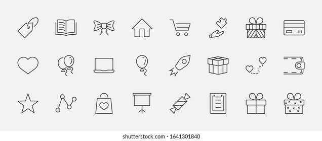 Set of Gifts Vector Line Icons. Contains Symbols Gift Cards, Ribbons and more. Editable Stroke. 32x32 pixel