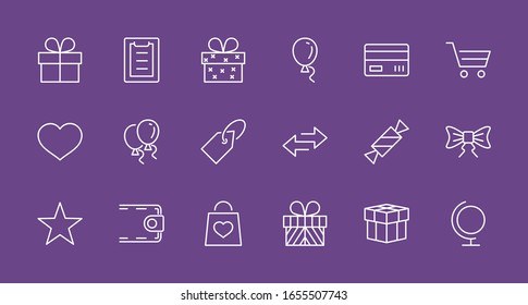 Set of Gifts Vector Line Icons. Contains Symbols Gift Cards, Ribbons and more. Editable Stroke. 32x32 pixel.