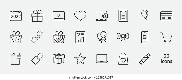 Set of Gifts Vector Line Icons. Contains Symbols Gift Cards, Ribbons and more. Editable Stroke. 32x32 pixel
