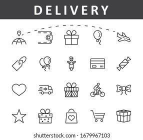 Set of Gifts Vector Line Icons. Contains Symbols Gift Cards, Ribbons and more. Editable Stroke. 32x32 pixel