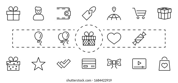 Set of Gifts Vector Line Icons. Contains Symbols Gift Cards, Ribbons and more. Editable Stroke. 32x32 pixel