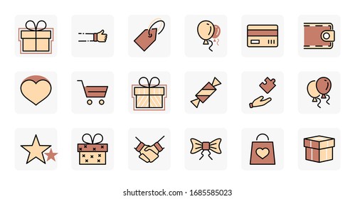 Set of gifts, vector line icons. Contains symbols gift cards, ribbons and more. Editable Stroke. 32x32 pixel.