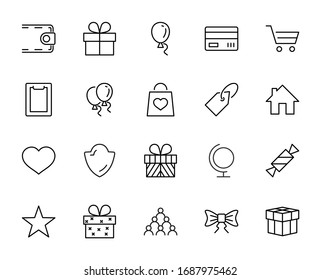 Juego de íconos de línea de vectores de regalo. Contiene tarjetas de regalo de símbolos, cintas y más. Trazo editable. 32 x 32 píxeles