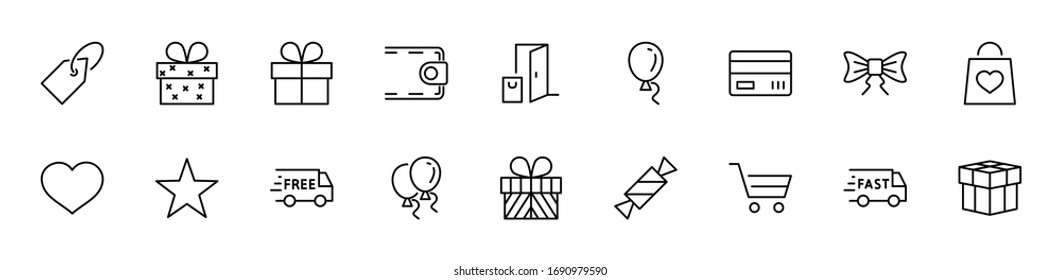 Juego de íconos de línea de vectores de regalo. Contiene tarjetas de regalo de símbolos, cintas y más. Trazo editable. 32 x 32 píxeles