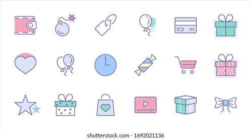 Set of gifts, vector line icons. Contains symbols gift cards, ribbons and more. Editable Stroke. 32x32 pixel.