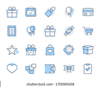 Set of gifts, vector line icons. Contains symbols gift cards, ribbons and more. Editable Stroke. 32x32 pixel.