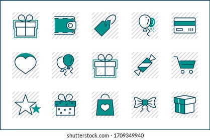 Set of gifts, vector line icons. Contains symbols gift cards, ribbons and more. Editable Stroke. 32x32 pixel.