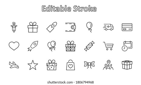 Juego de íconos de línea de vectores de regalo. Contiene tarjetas de regalo de símbolos, cintas y más. Stroke editable. 32 x 32 píxeles