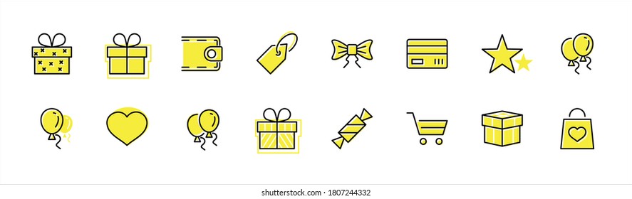 Juego de regalos, iconos de línea vectorial. Contiene tarjetas de regalo de símbolos, cintas y más. Stroke editable. 32x32 píxeles.