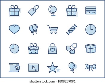 Set of gifts, vector line icons. Contains symbols gift cards, ribbons and more. Editable Stroke. 32x32 pixel.