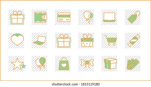 Set of gifts, vector line icons. Contains symbols gift cards, ribbons and more. Editable Stroke. 