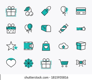 Set of gifts, vector line icons. Contains symbols gift cards, ribbons and more. Editable Stroke. 32x32 pixel.