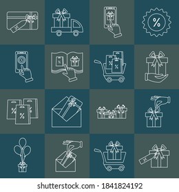 Conjunto de iconos de la línea vectorial de regalos sobre fondo oscuro. Icono de línea del vector. Pictograma. Concepto de pedidos de mobyle