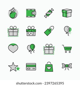 Set of Gifts, vector line icons. Contains symbols gift cards, ribbons and more. Editable Stroke. 32x32 pixel.