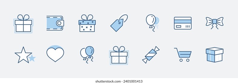 Set of Gifts, vector line icons. Contains symbols gift cards, ribbons and more. Editable Stroke. 32x32 pixel.