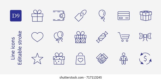 A set of gifts, vector line icons. Contains symbols gift cards, ribbons and more. Editable Stroke. 32x32 pixel.