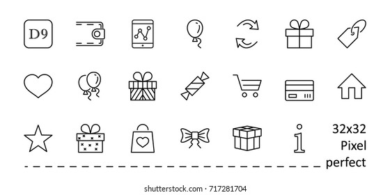 A set of gifts, vector line icons. Contains symbols gift cards, ribbons and more. Editable Stroke. 32x32 pixel.