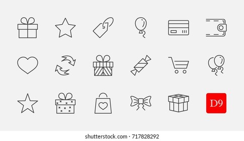 A set of gifts, vector line icons. Contains symbols gift cards, ribbons and more. Editable Stroke. 32x32 pixel.