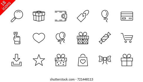 A set of gifts, vector line icons. Contains symbols gift cards, ribbons and more. Editable Stroke. 32x32 pixel.